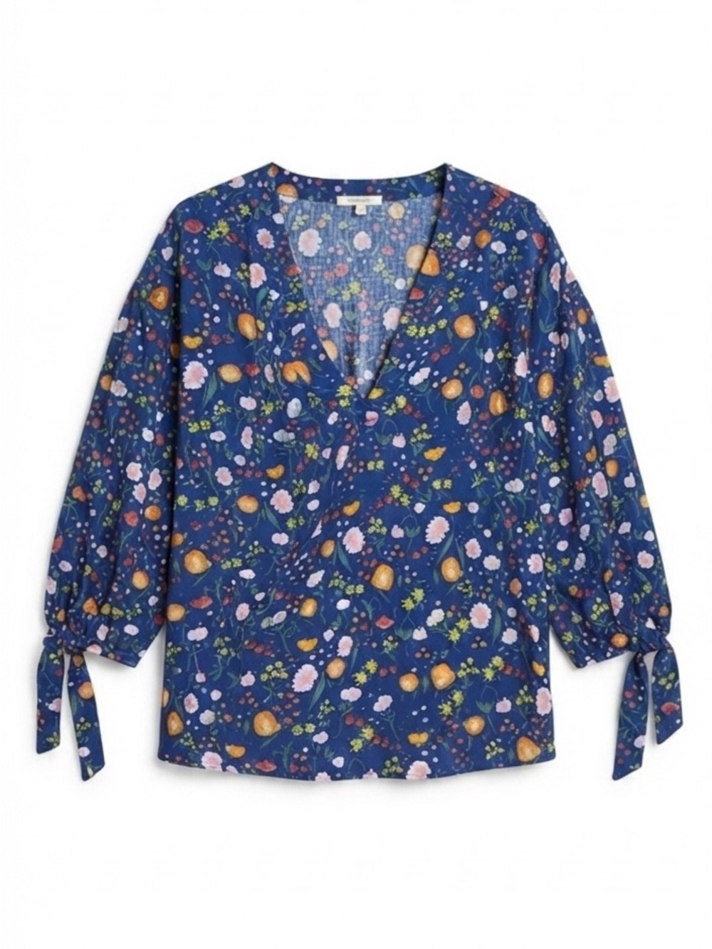 Women's Navy Floral Tie-Cuff V-Neck Blouse